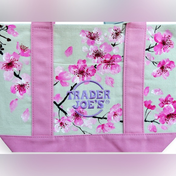 Hand Painted Trader Joe’s Mini Tote Pink Cherry Blossom - Picture 3 of 4